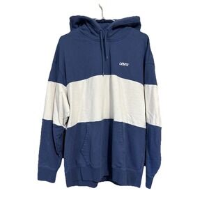 LEVI'S‎ Men's L Oversized Hooded Sweatshirt Blue White Rugby Style Stripe Hoodie